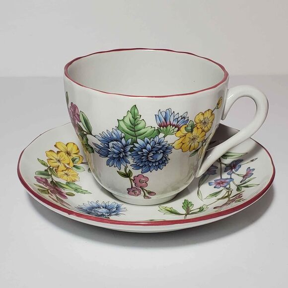 Spode Teacup and Saucer Romany Pink Blue Yellow Flowers - Picture 2 of 7